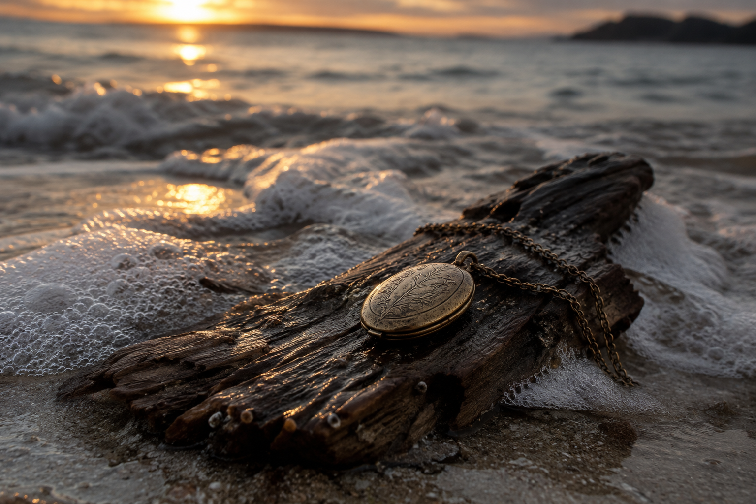 A gold locket resting on a weathered piece of driftwood on the beach as a small wave washes up onto it